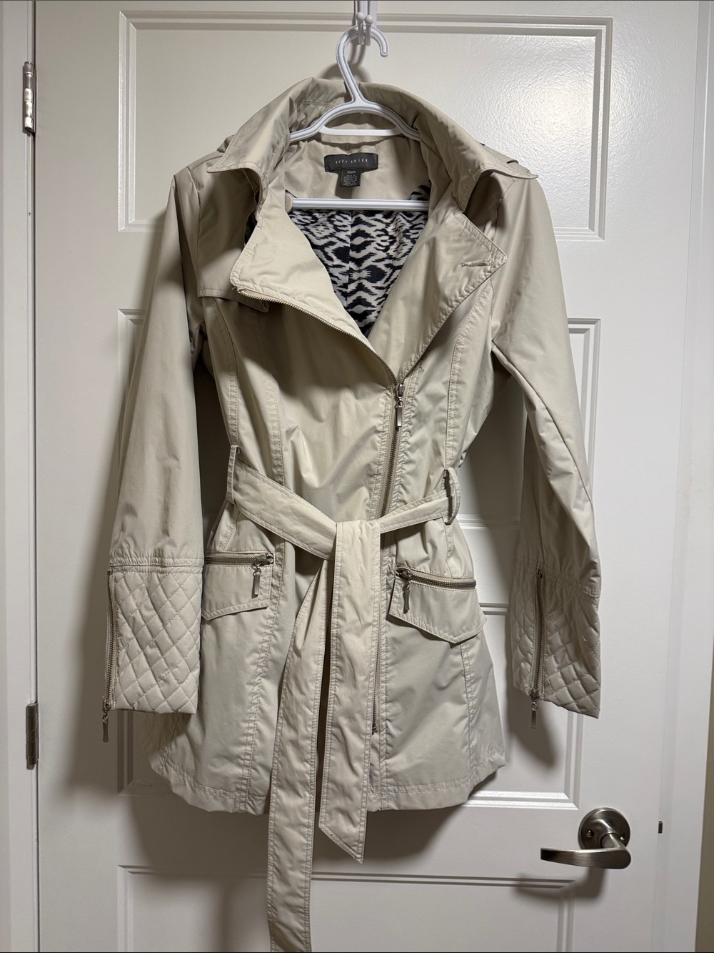 Suzy Shier Cream Trench Coat with Quilted Sleeves, Belt and removable hood